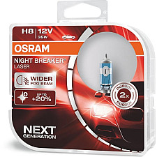 Halogenlampa H8 2 st Night Breaker Laser +150%, Osram