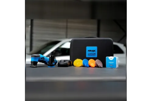 Kovax Chargema-X Mini Polisher Kit with black, orange and blue foam pads, yellow wool pad and carry case