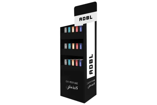 Perfume floor display stand with 55 bottles and 5 testers, ADBL Stand SPIRITS for shops and detailing workshops
