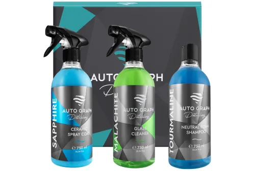 Auto Graph Car Care Gift Box containing three 750ml bottles of Quick Detailer, glass cleaner and car shampoo
