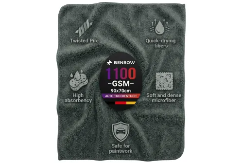 BenBow Microfibre Drying Towel 90x70cm 1100gsm with laser-cut seamless edge for vehicle paint drying