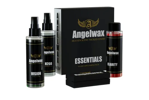 Angelwax glasvårdskit med tre flaskor om 100ml samt skumblock och mockaapplikatorer för professionell glasbehandling