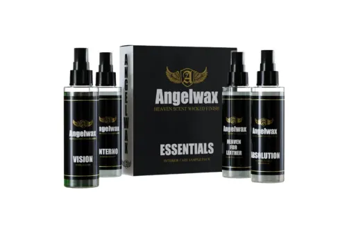 Angelwax Interior Care Kit with four 100ml sample bottles for leather, plastic, fabric and glass