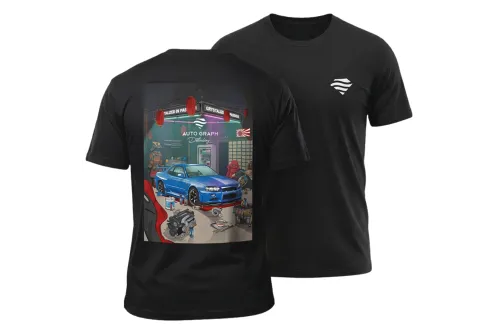 Auto Graph T-shirt with hand-drawn Nissan Skyline GTR R34 graphic and detailing theme, size M