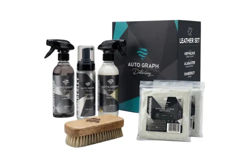 Auto Graph Leather Care Complete Kit with cleaner, protective balm, foamer, brush, and microfibre cloths for vehicle interiors