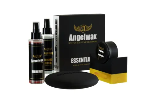 Angelwax wheel care starter kit containing wheel cleaner, ceramic tyre dressing, wheel wax and applicators