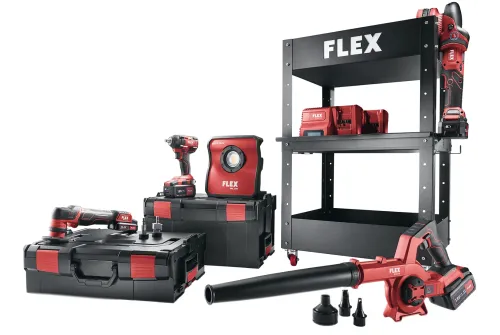 FLEX batteridrivet polerset i sex delar med polermaskiner, slagskruvdragare, blåsmaskin, LED-lampa och detaljeringsvagn