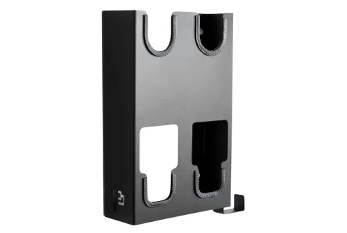 Black leaf blower wall mount in zinc-coated steel with cable hook and rubber protection, Poka Premium 2