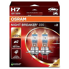 Halogenlampa H7, 2 st, +220% Upp Till +150m, +20% Vitare Ljus, 12V, 55W, Osram Night Breaker Laser