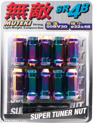 Wheel nuts Muteki M12 x 1,25 45 mm 60°, steel, rainbow color, 20 pcs incl. dual adapter