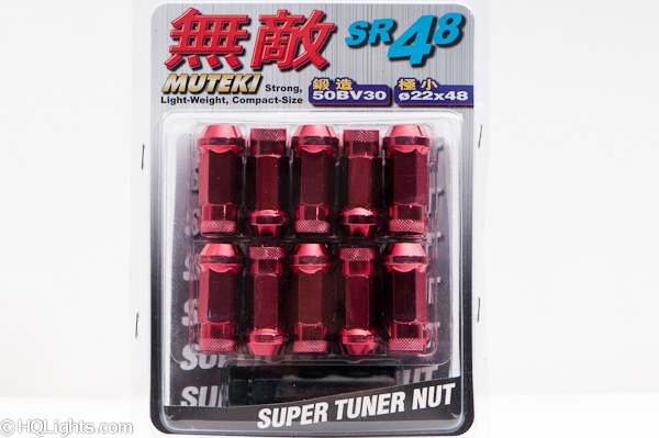 Wheel nuts Muteki M12 x 1,25 48 mm 60°, steel, red, 20 pcs incl. dual adapter