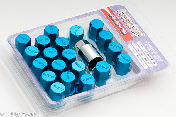 Wheel nuts Rays Dura Nuts M12 x 1,50 35 mm 60°, aluminium, blue, 20 pcs incl. adapter and lock nut