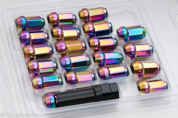 Wheel nuts M12 x 32 mm 60°, steel, rainbow color, 20 pcs incl. dual adapter