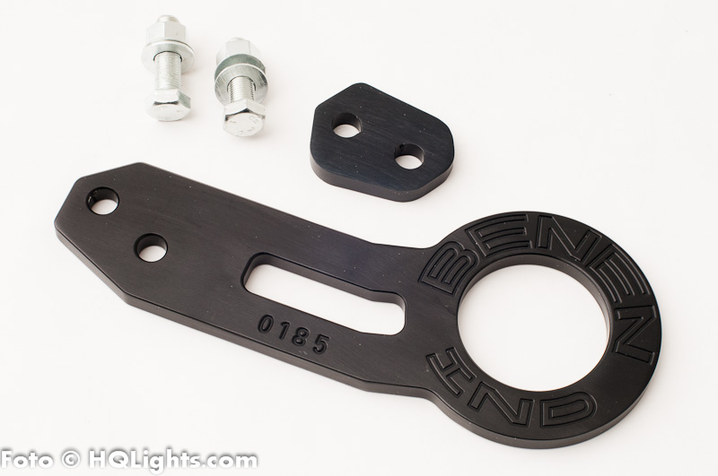 Back racing tow hook kit, anodized aluminum, black with silver text
