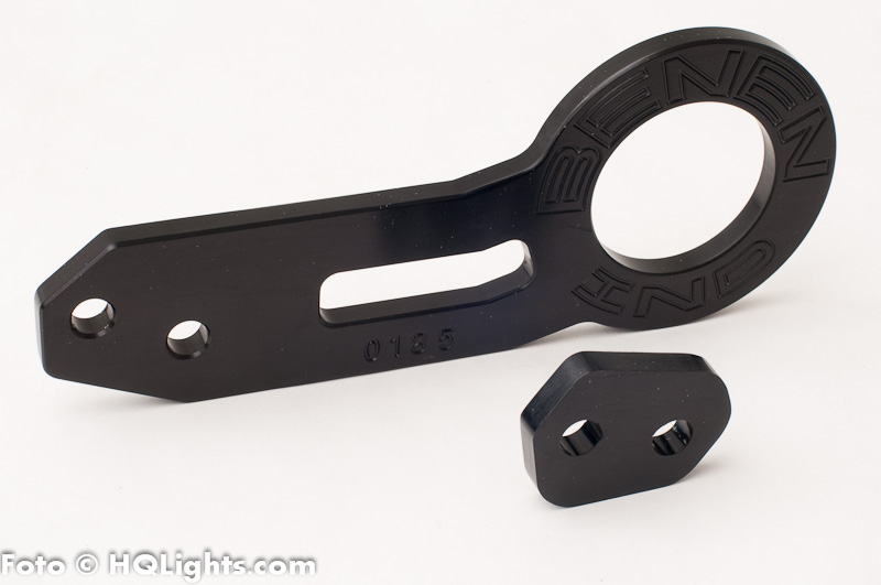 Back racing tow hook kit, anodized aluminum, black with silver text