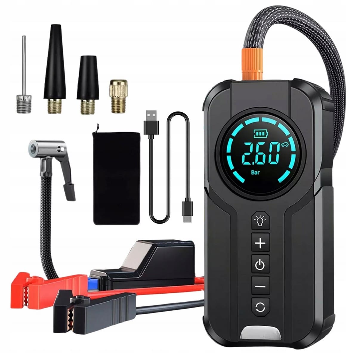 Jump Starter and Air Pump 2-in-1 with digital tyre pressure gauge and LED light, 1000A 8400mAh