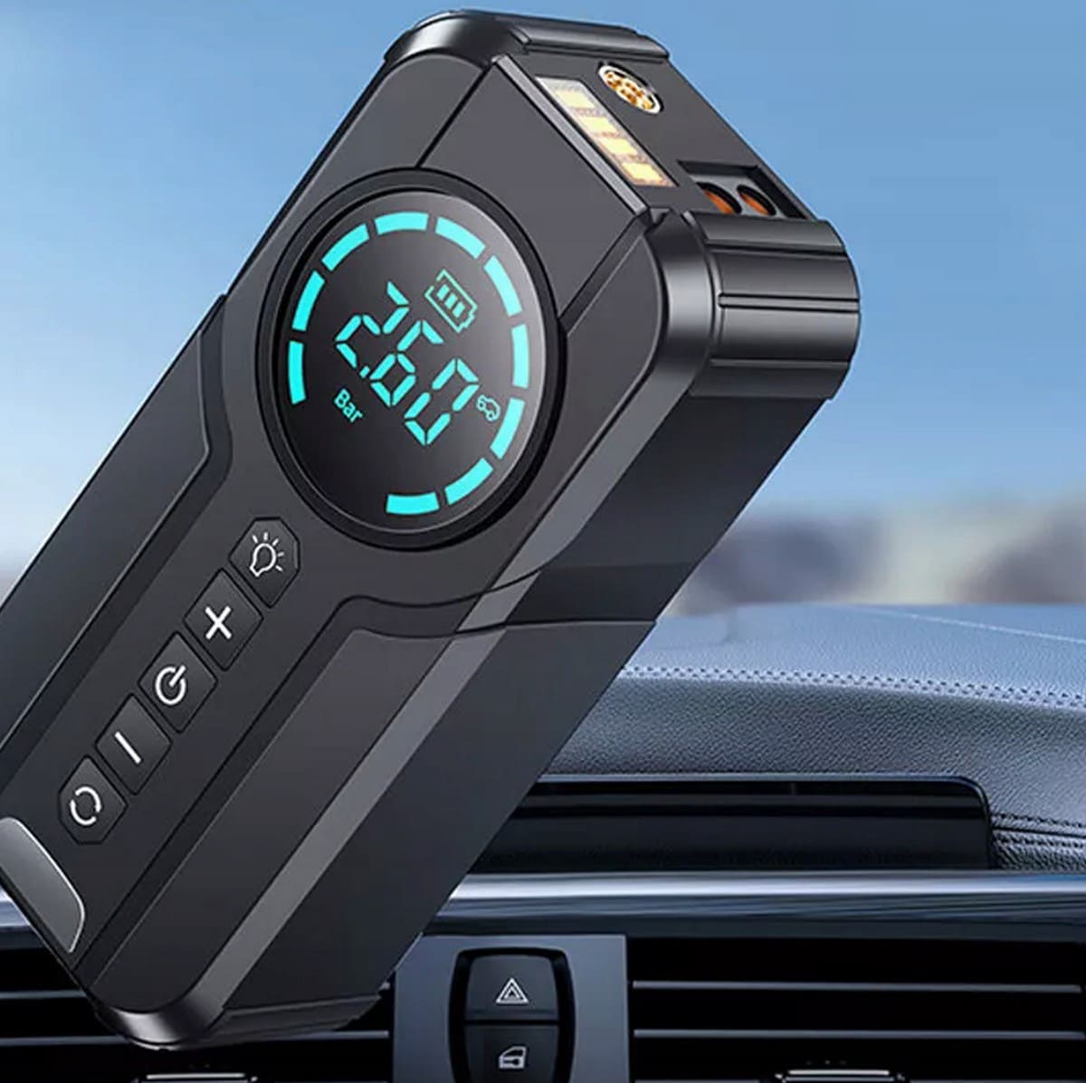 Jump Starter and Air Pump 2-in-1 with digital tyre pressure gauge and LED light, 1000A 8400mAh