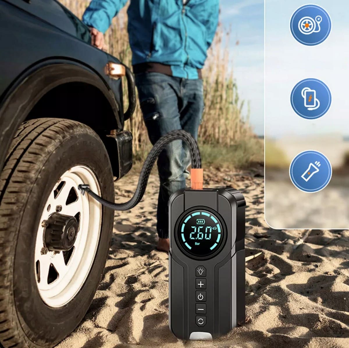Jump Starter and Air Pump 2-in-1 with digital tyre pressure gauge and LED light, 1000A 8400mAh