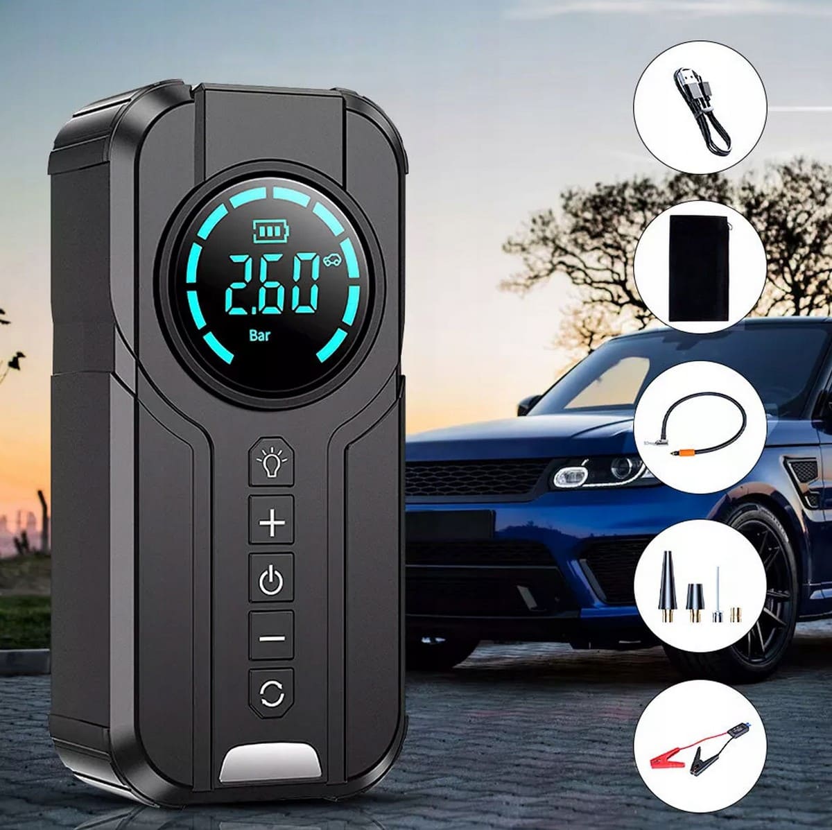 Jump Starter and Air Pump 2-in-1 with digital tyre pressure gauge and LED light, 1000A 8400mAh