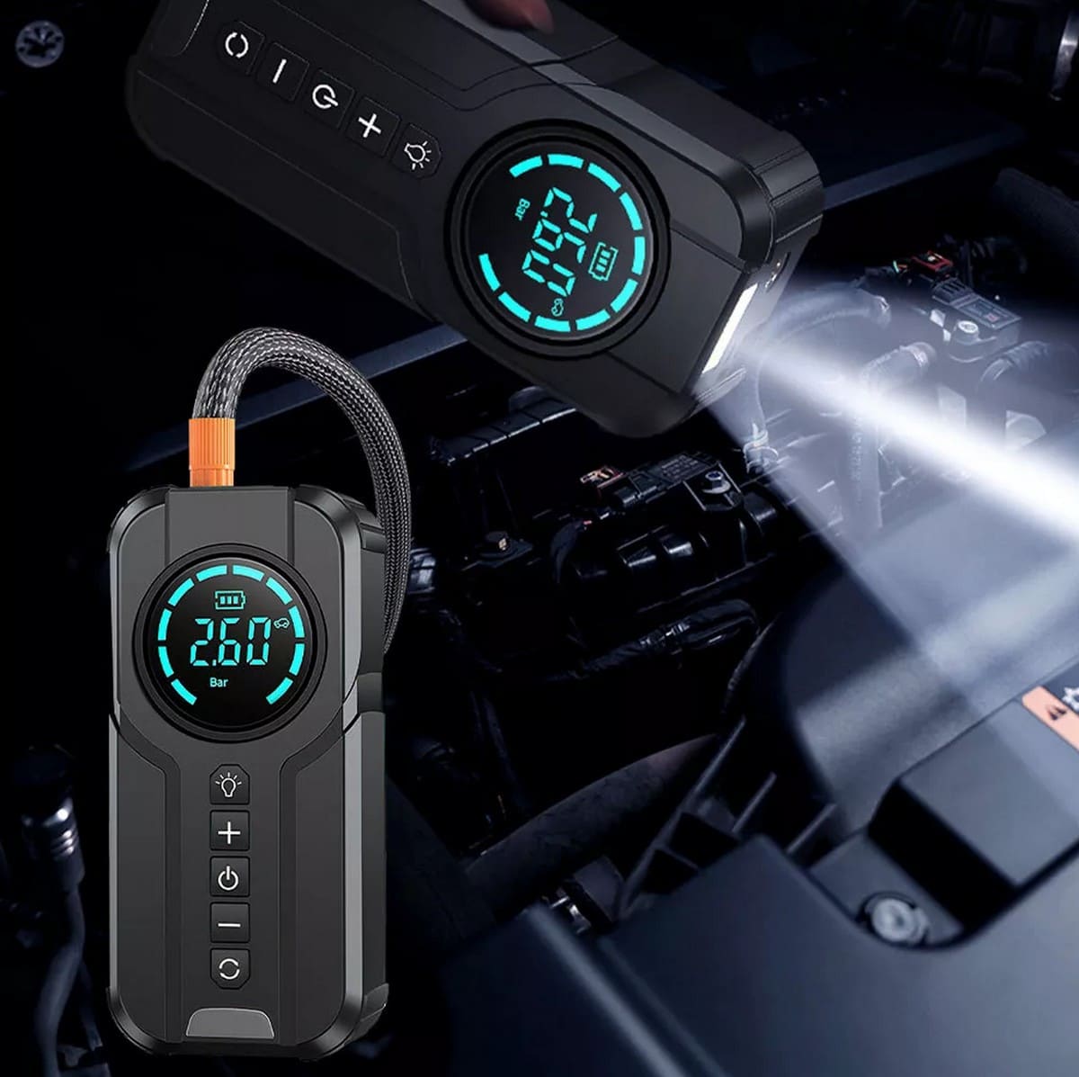 Jump Starter and Air Pump 2-in-1 with digital tyre pressure gauge and LED light, 1000A 8400mAh