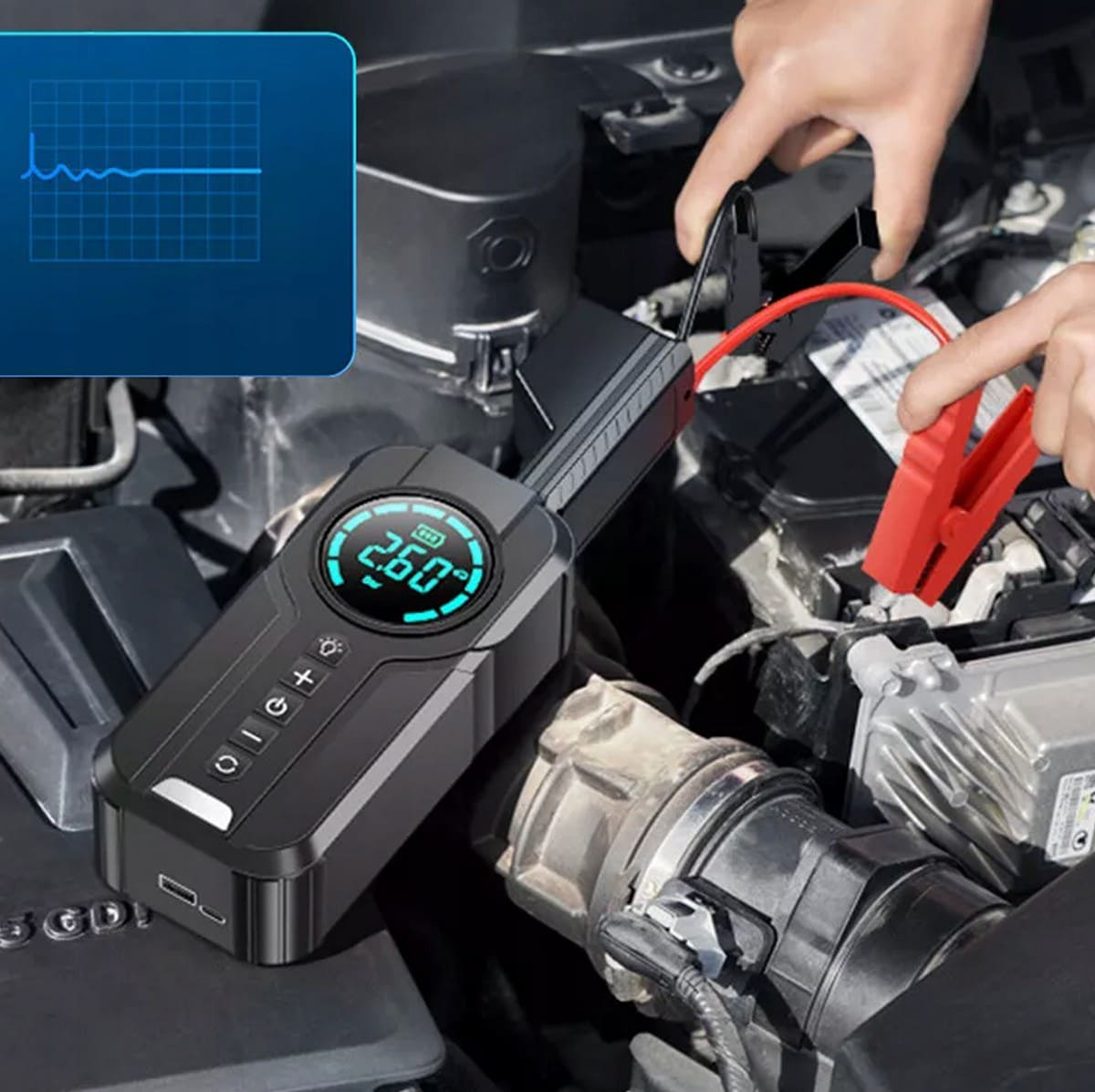Jump Starter and Air Pump 2-in-1 with digital tyre pressure gauge and LED light, 1000A 8400mAh