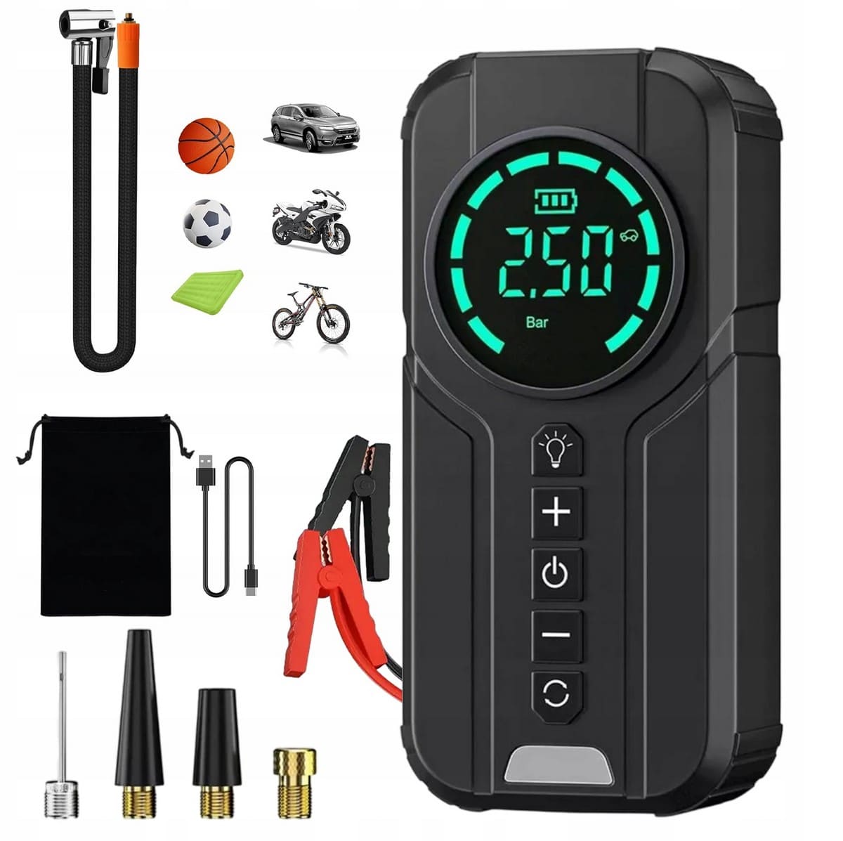 Jump Starter and Air Pump 2-in-1 with digital tyre pressure gauge and LED light, 1000A 8400mAh