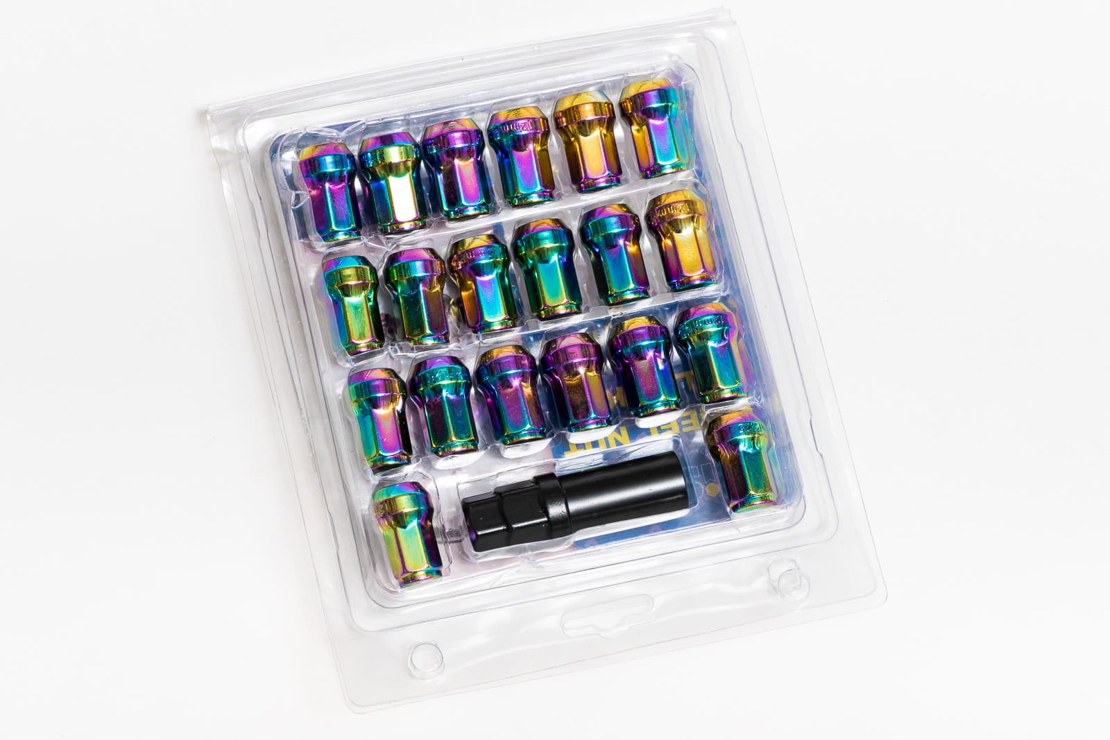 Wheel nuts M12 x 32 mm 60°, steel, rainbow color, 20 pcs incl. dual adapter