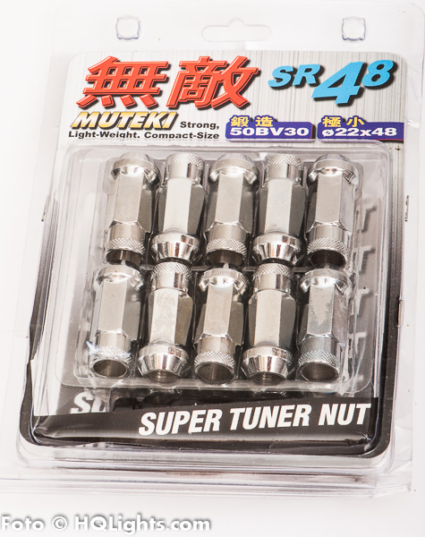 Wheel nuts Muteki M12 x 1,25 48 mm 60°, steel, chrome, 20 pcs incl. dual adapter
