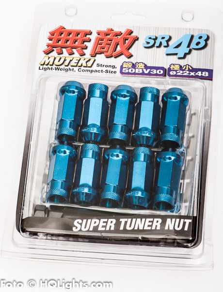 Wheel nuts Muteki M12 x 1,25 48 mm 60°, steel, blue, 20 pcs incl. dual adapter