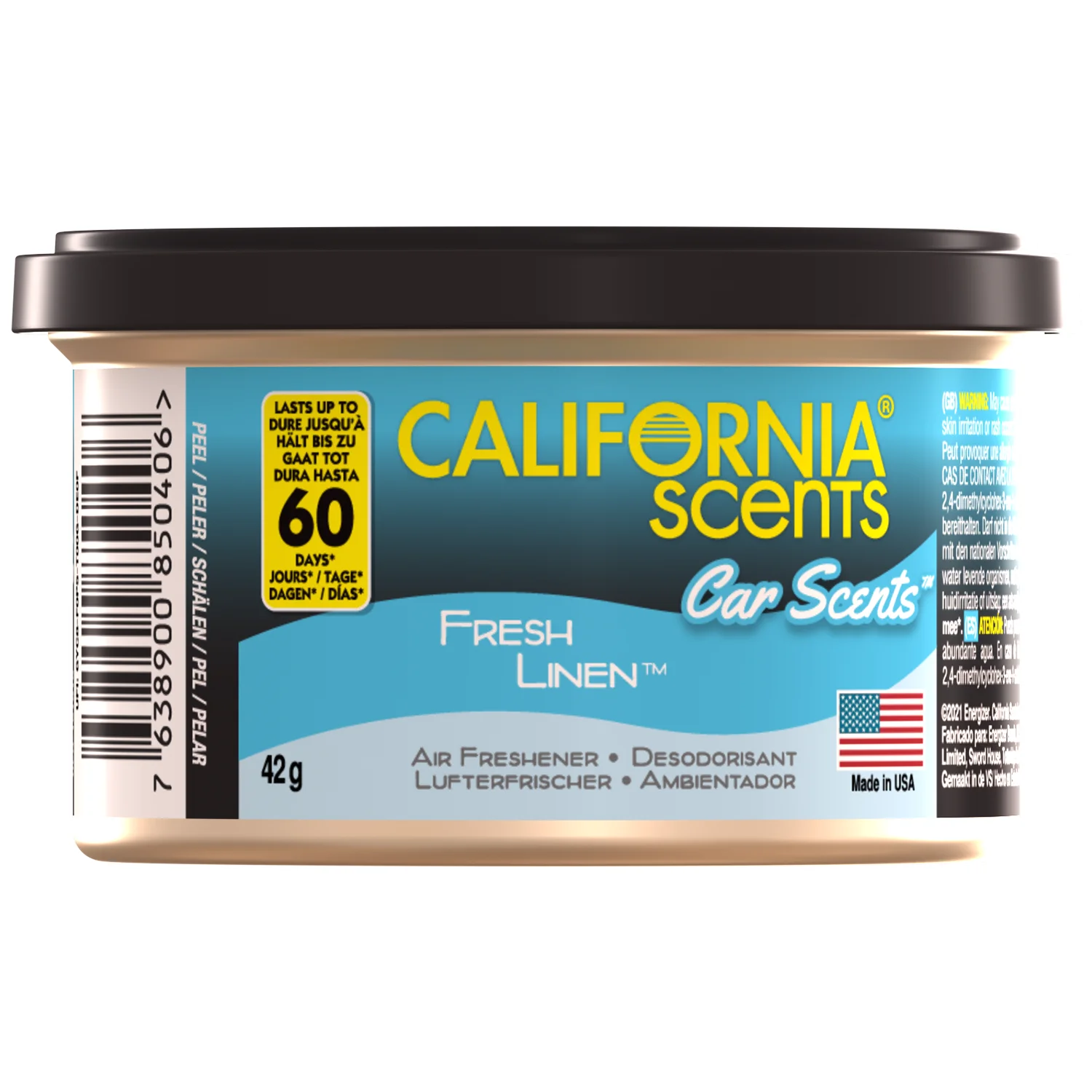 Car air freshener tin Fresh Linen 42g with cedarwood blocks from California Scents for car cabins