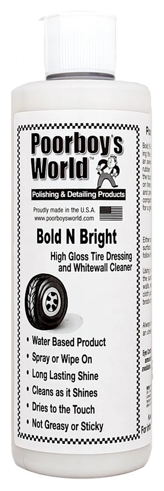 Poorboy's World Bold 'n Bright Tyre Dressing 473ml spray bottle for water-based tyre treatment