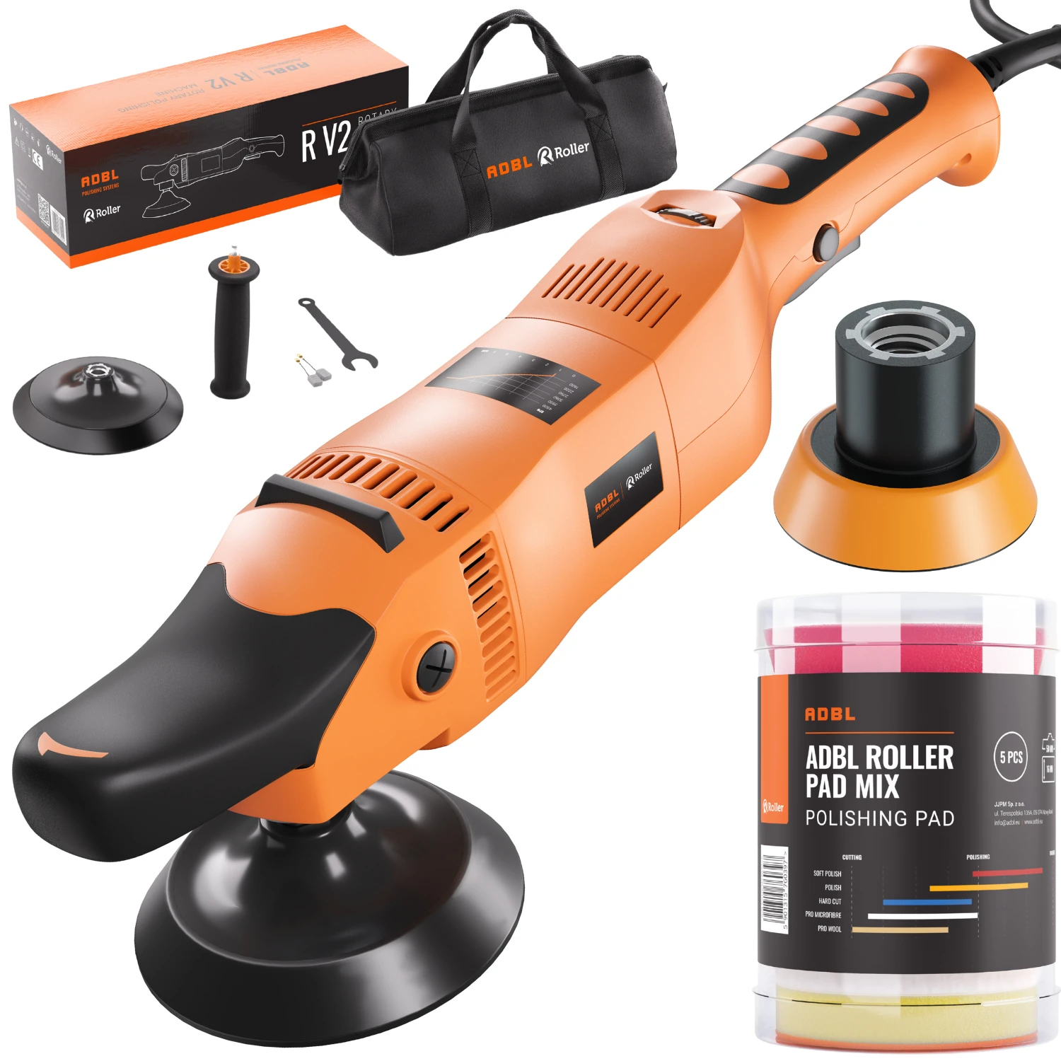 ADBL Rotary Polisher 1050W with soft start and flexible cable for professional automotive paint care