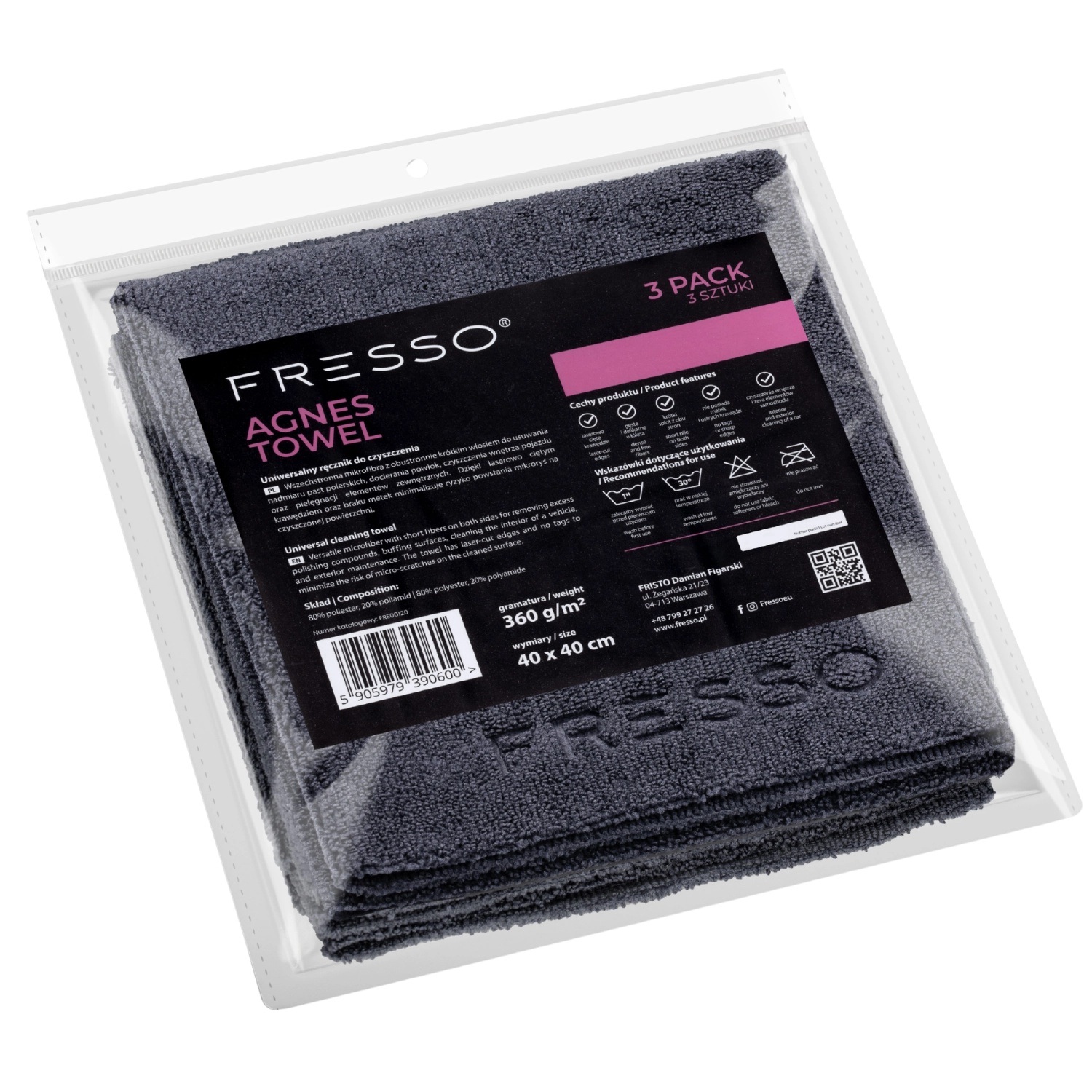 Fresso Microfiber Allround Handduk 40x40cm 360gsm laserskuren för detailing och bilvård
