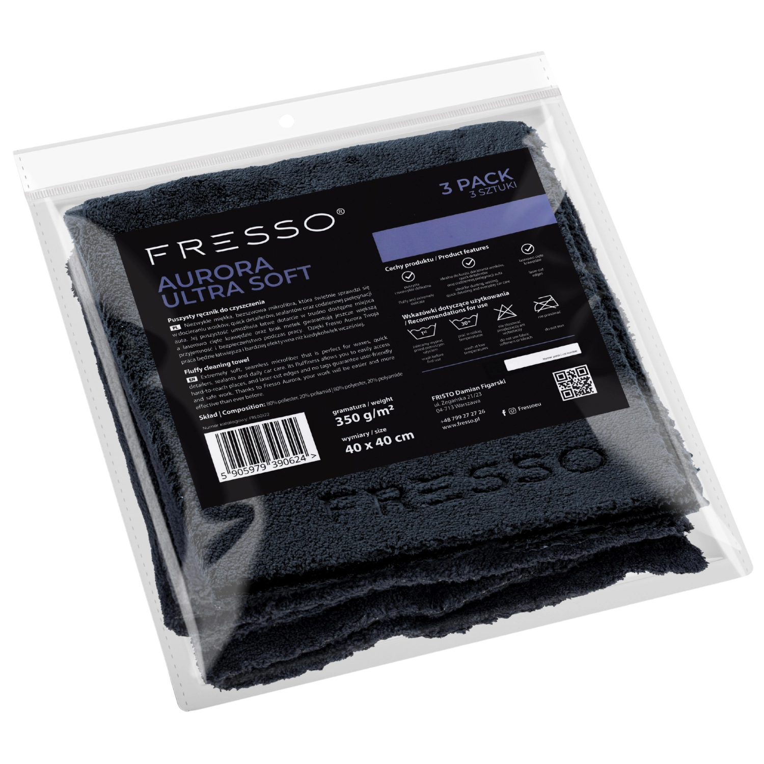 Fresso Microfiber ultramjuk duk 40x40cm 350gsm 3-pack med laserskurna kanter för bilvård