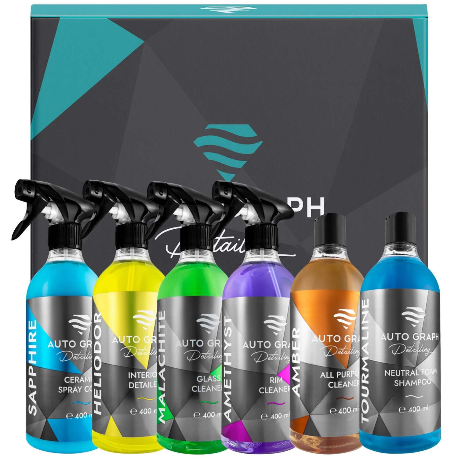 Gift set with 6x400ml car shampoo, wheel cleaner and paint protection from Auto Graph in gift packaging
