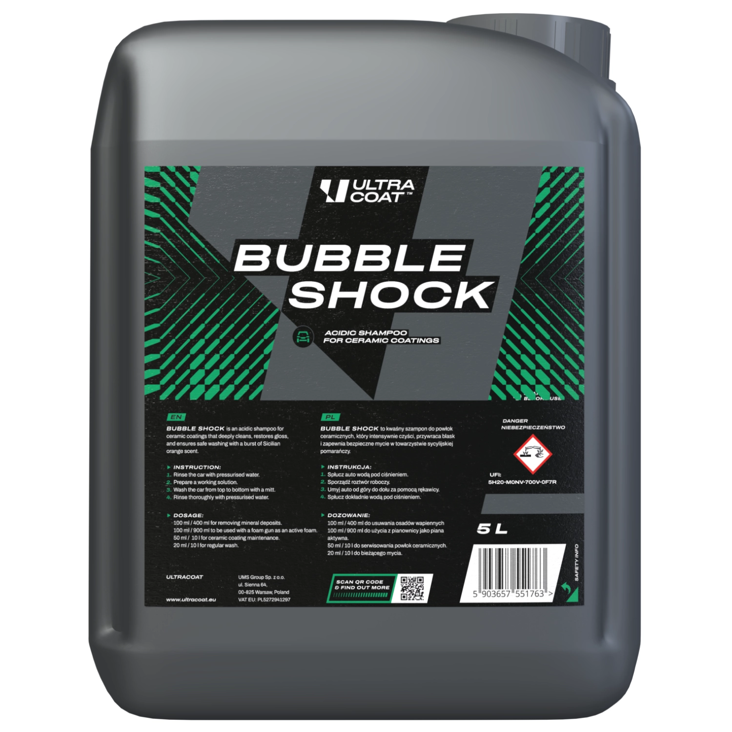 Bilschampo Bubble Shock 5L med surt pH och aktivt skum för keramisk Coating, Ultracoat
