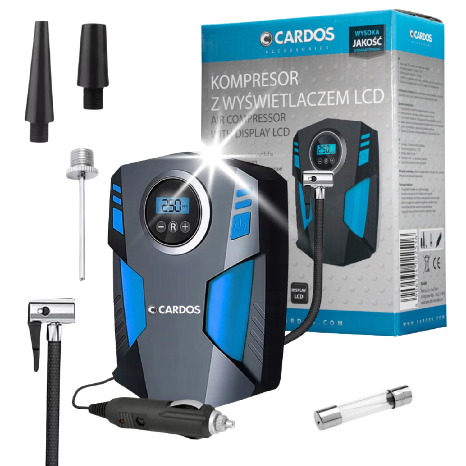 K2 Bärbar Luftkompressor 12V med LCD-display, auto-stopp och inbyggd LED-lampa för däckpumpning