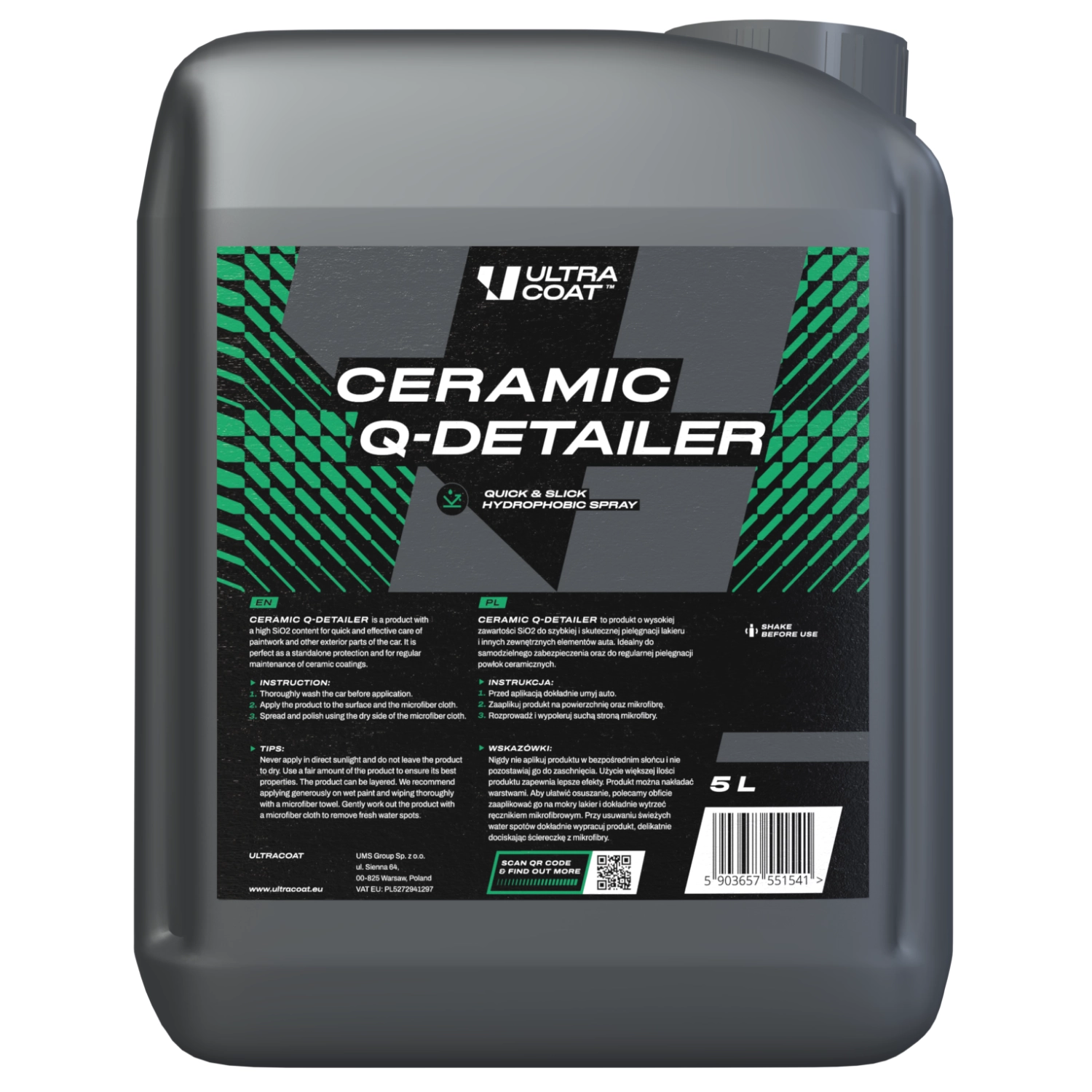 Ultracoat Quick Detailer 5 litre container with high SiO2 content for hydrophobic paint protection