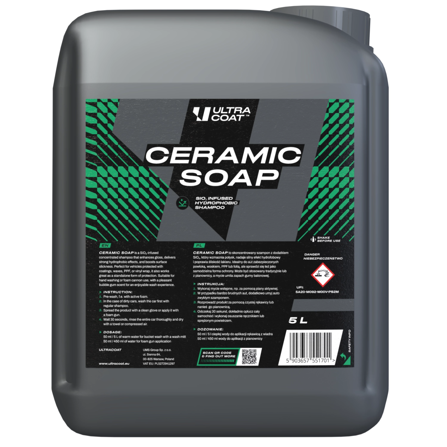 Ultracoat Ceramic Soap 5L biltvätt med SiO₂ för hydrofob skydd och glans på lackade ytor