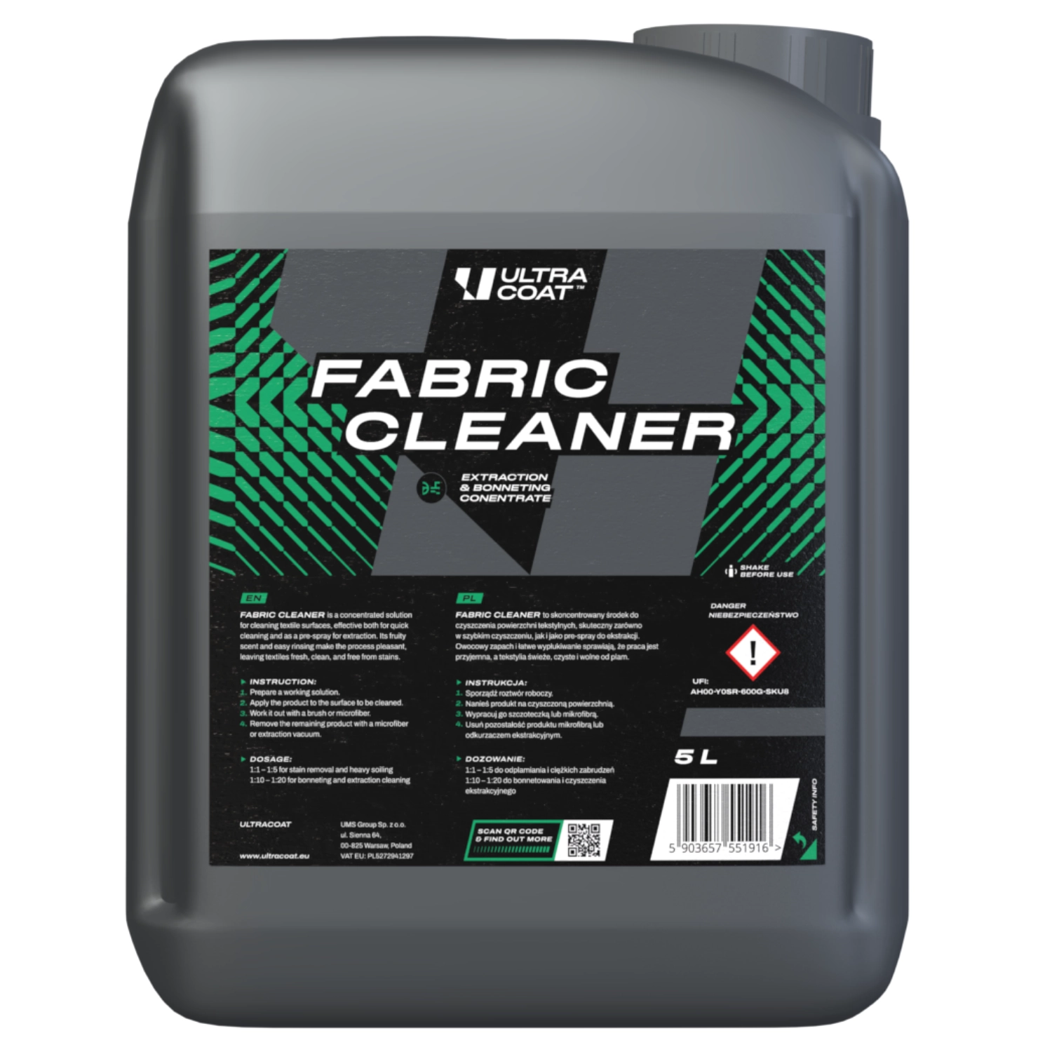 Ultracoat Fabric Cleaner Concentrate 5L bottle for cleaning fabric seats and carpets in vehicles