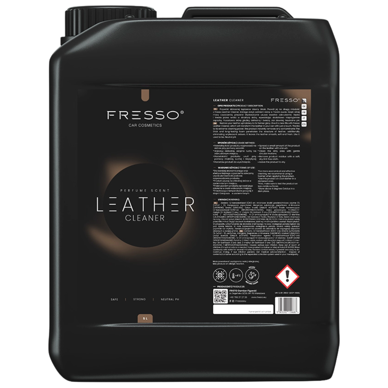 Fresso Leather Cleaner 5L bottle with neutral pH for gentle vehicle upholstery cleaning