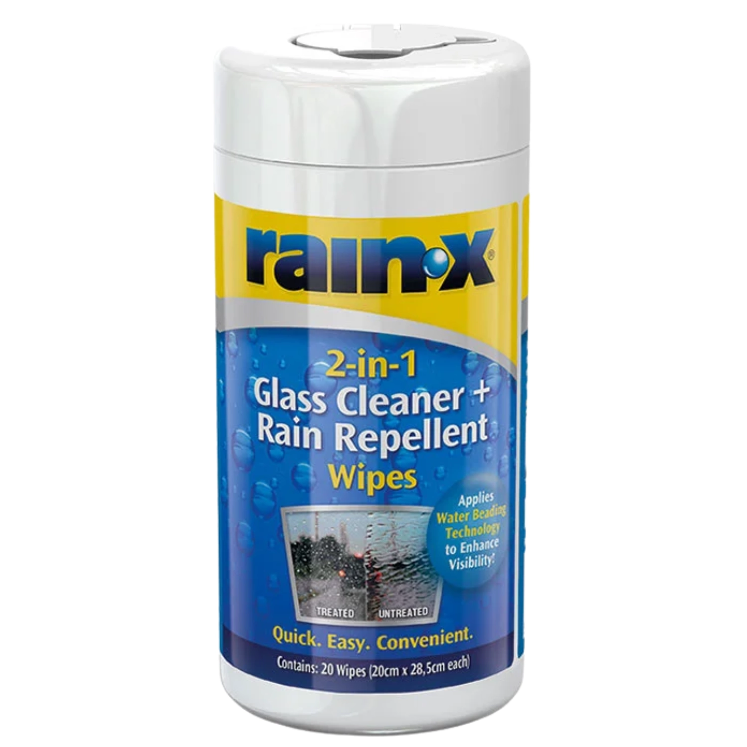 Rain-X Glass Cleaner and Rain Repellent Wipes 40-pack container with dispensing opening