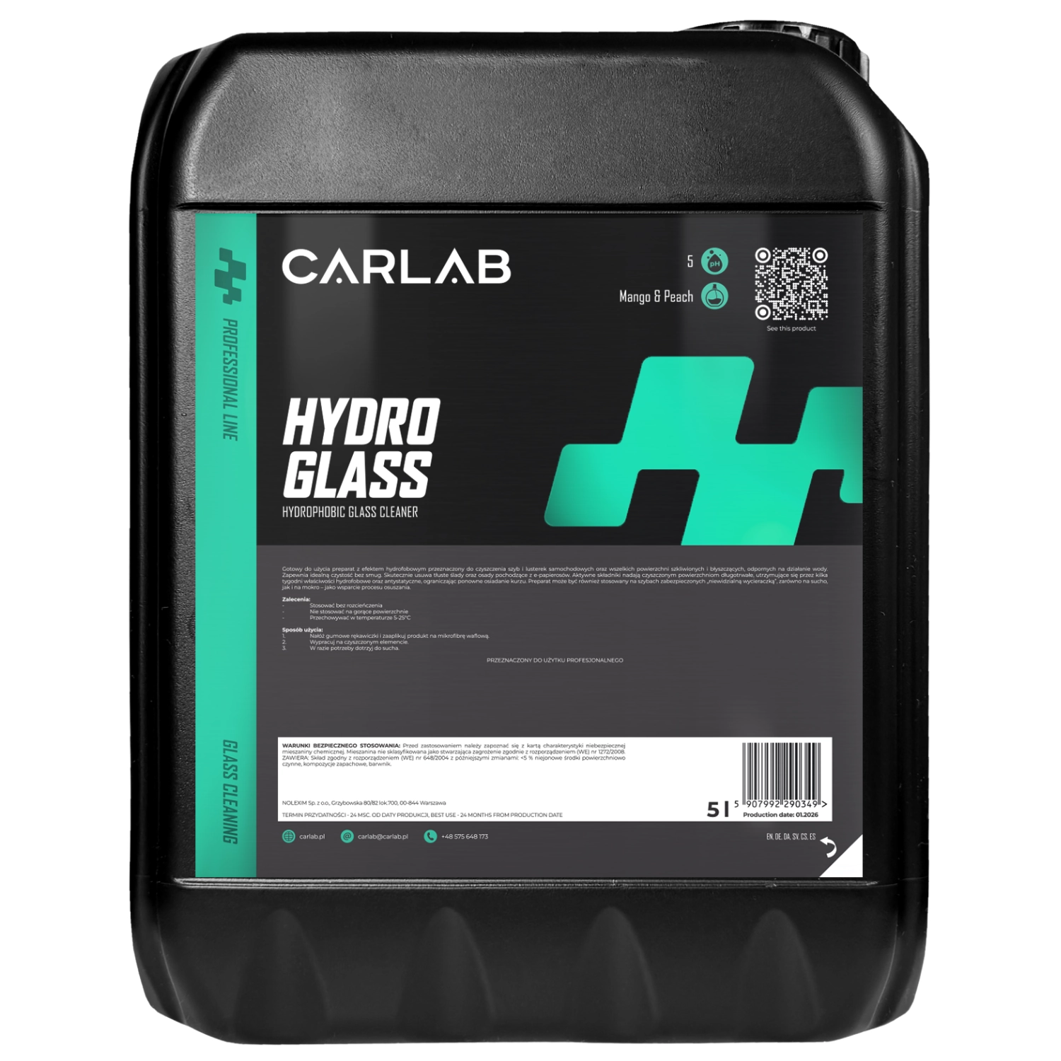 CarLab Hydrophobic Glass Cleaner RTU 5L container for professional vehicle glass cleaning