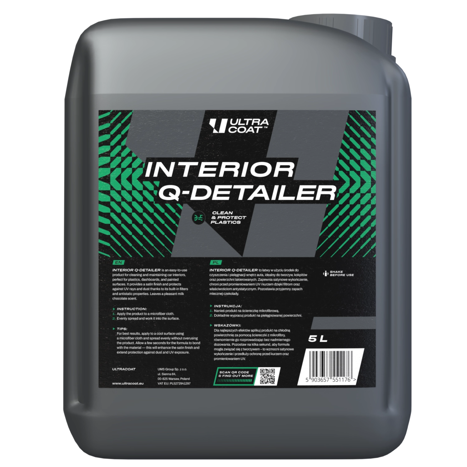 Ultracoat Interior Cleaner 5L bottle with UV protection and antistatic formula for vehicle plastic trim
