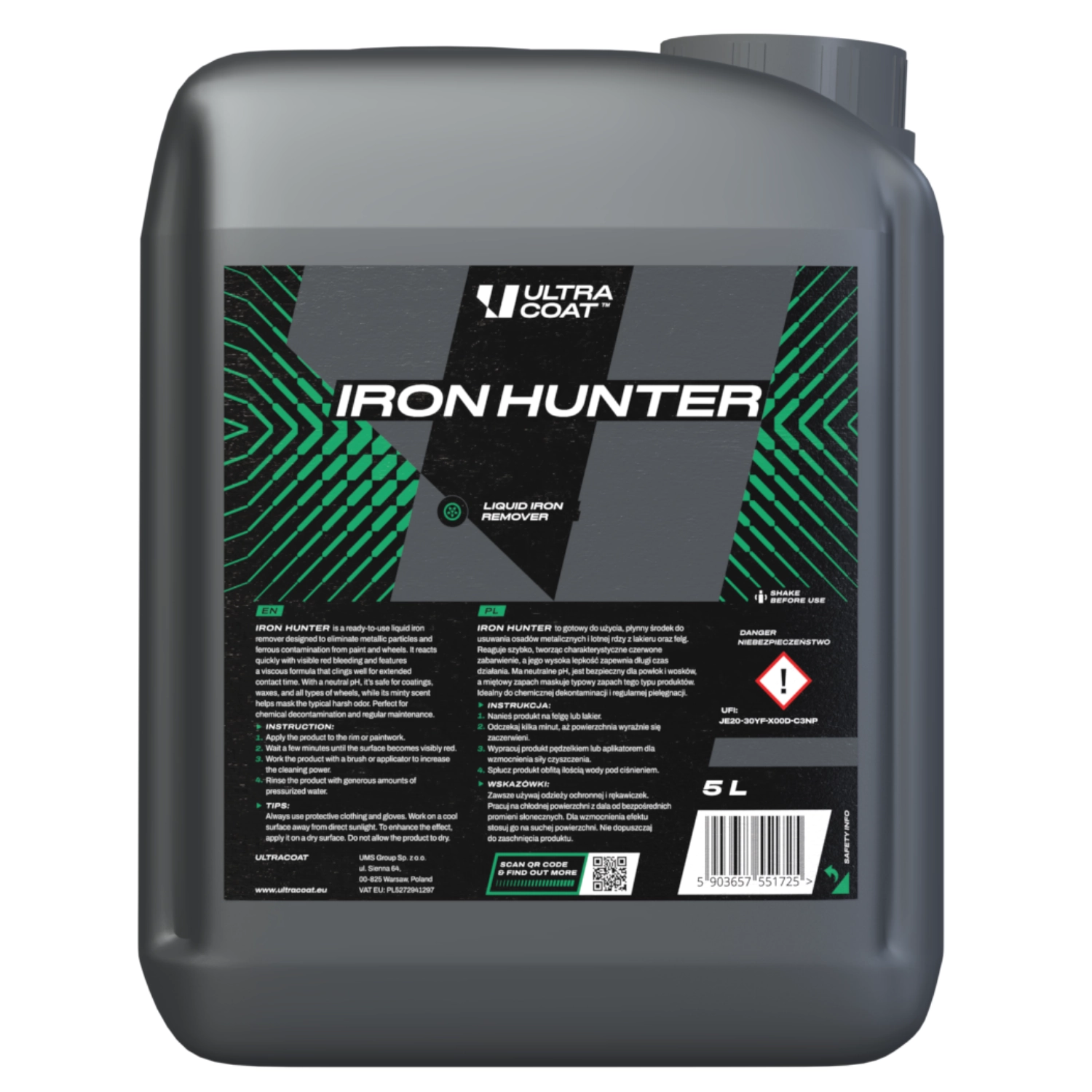 Ultracoat Iron Hunter iron remover 5L container for chemical decontamination of paint and wheels