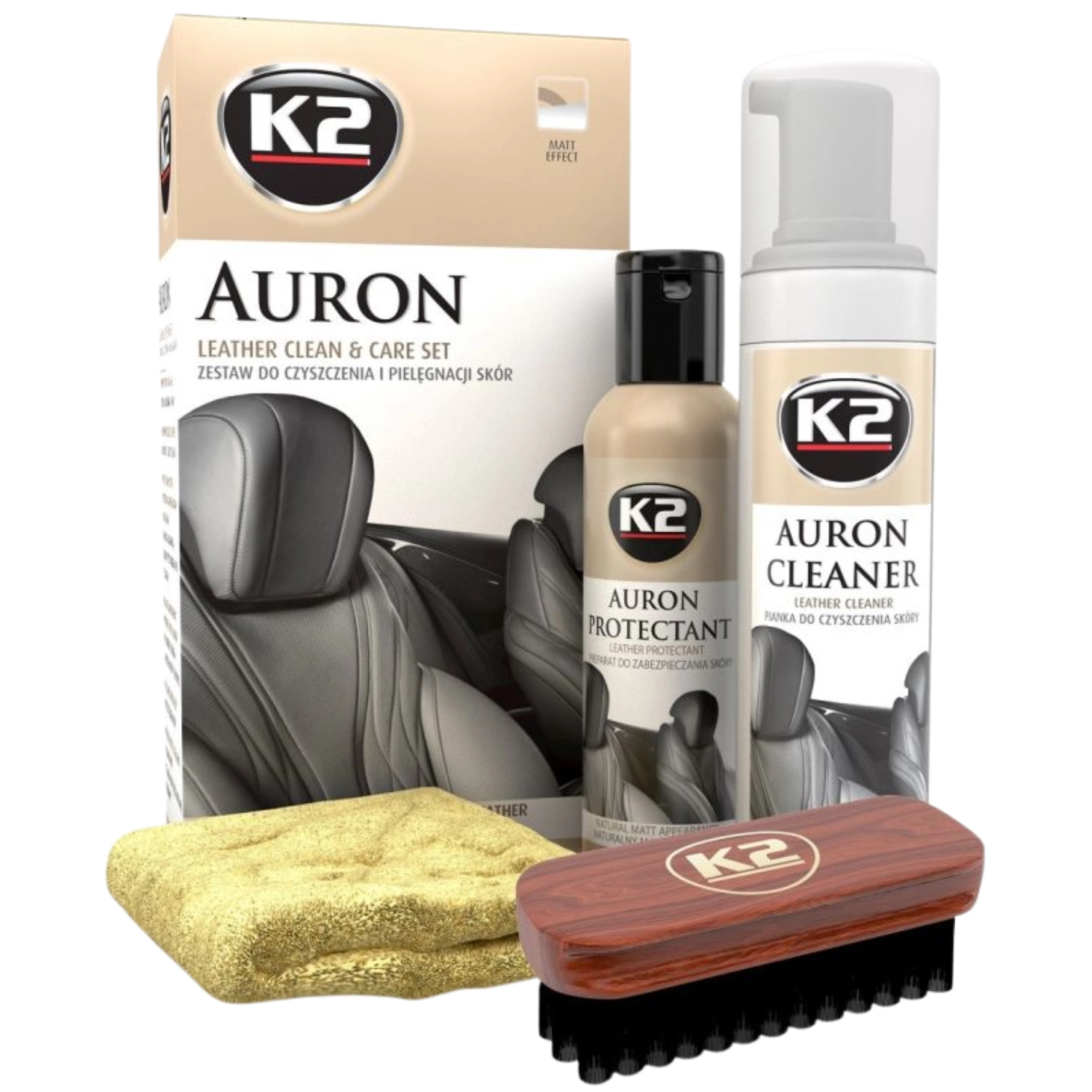 K2 Auron Leather Care Kit with cleaning foam, protectant, brush and microfibre cloth for car upholstery