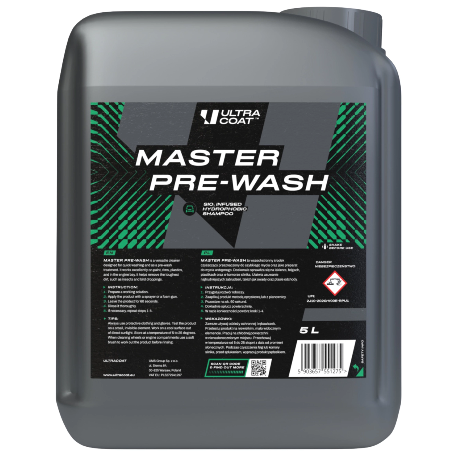 Ultracoat Master Pre-Wash 5L pre-wash concentrate for professional car detailing and vehicle care