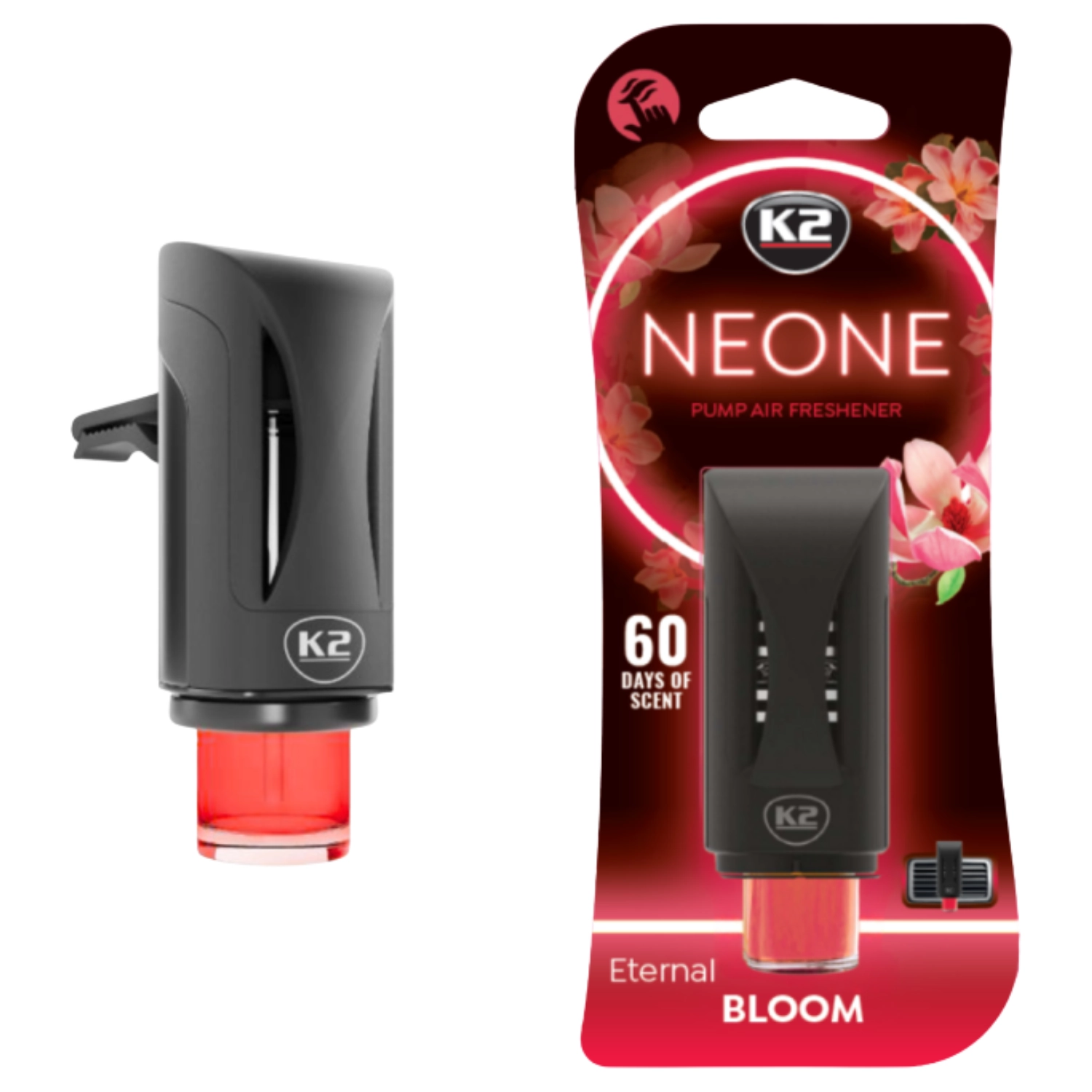 K2 Neone car air freshener with oriental floral scent and clip mount for air vent