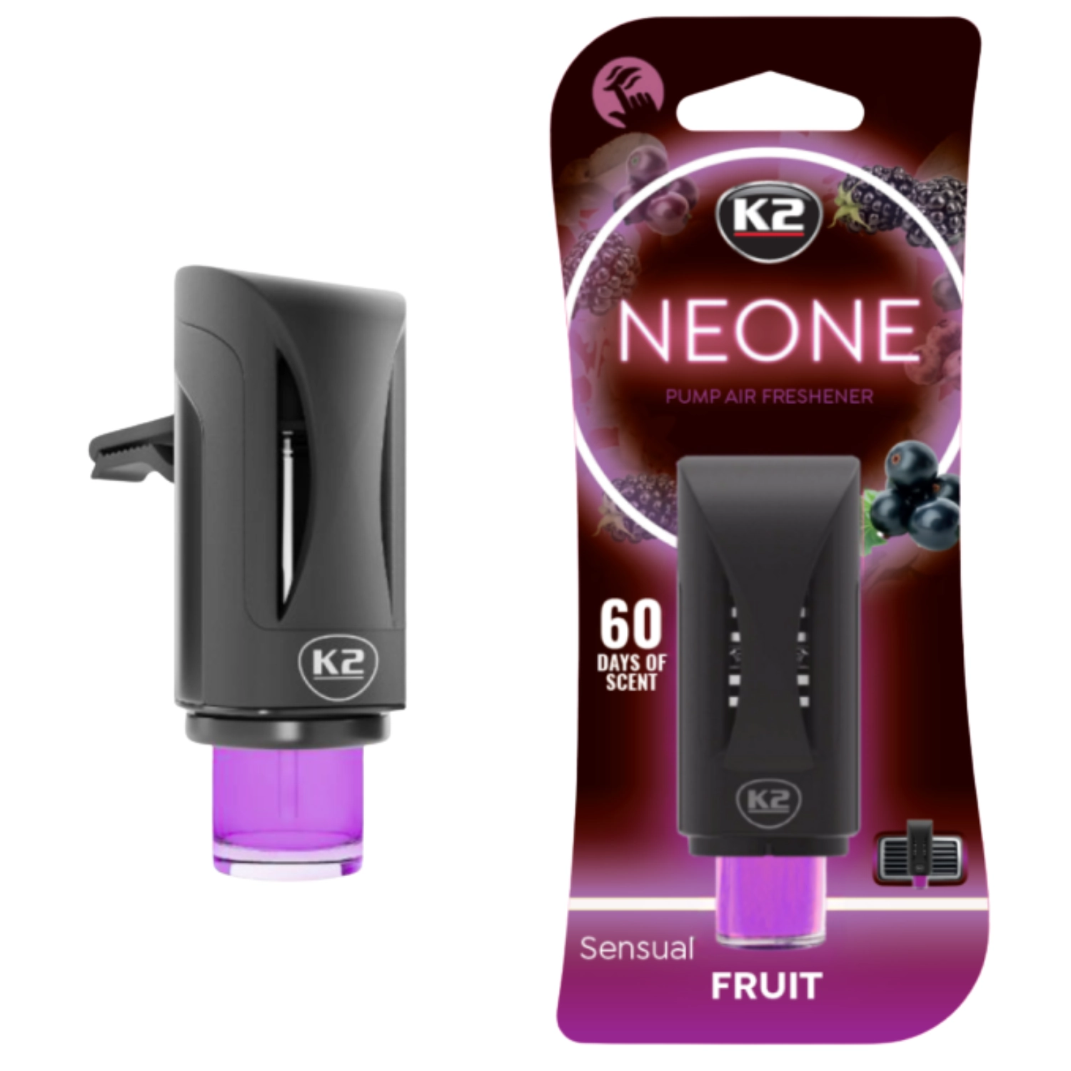 K2 Car Air Freshener Vent Clip with fruity scent for mounting on vehicle air vents
