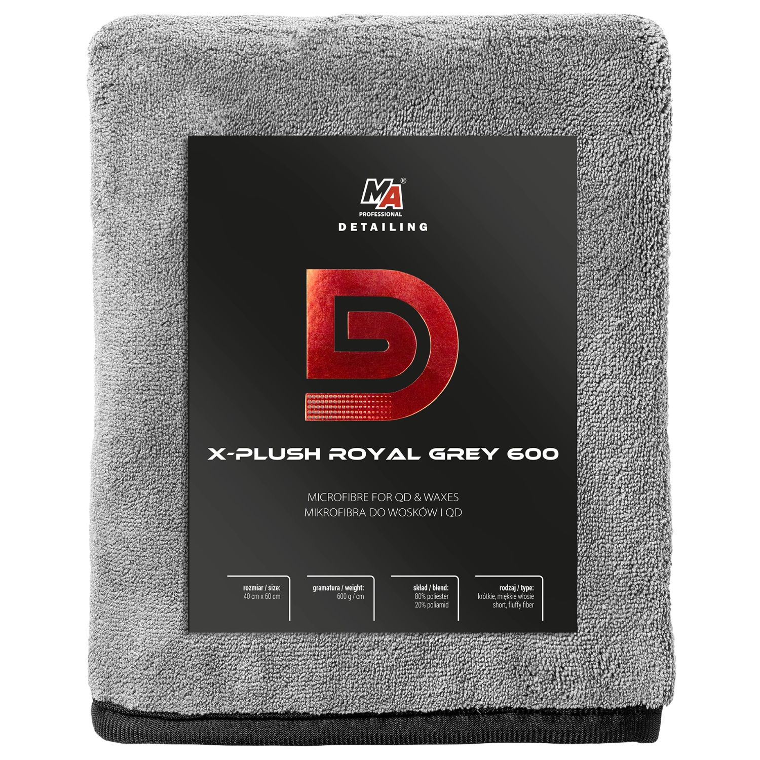 Grey microfibre towel X-Plush Royal Grey 40x60 cm 600GSM with stitched edges for Coating and Wax